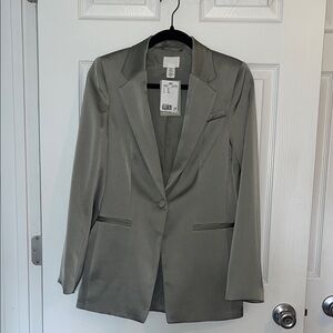 H&M Silver Satin Blazer - Elegant Light Gray Jacket